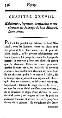 Habillement , logement , complexion et tempérament des Sauvages du haut Missouri. Leurs armes.