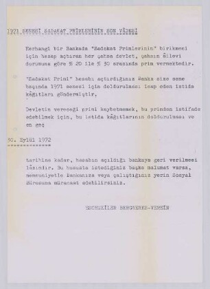 "LETZTER TERMIN FÜR DIE SPARPRÄMIEN 1971"