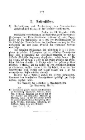 Anfertigung und Versendung von Inventarien-Zeichnungen bezüglich der Universitätsbauten : [B. Universitäten]