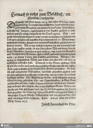 Hernach folgt zum Beschluß/ ein Christliche Leichpredigt.