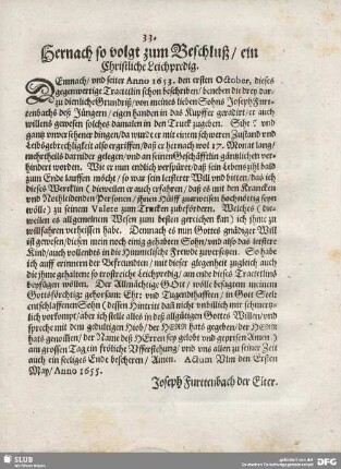 Hernach folgt zum Beschluß/ ein Christliche Leichpredigt.