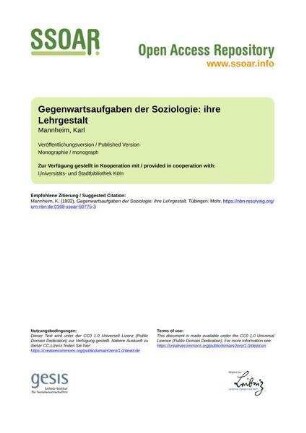 Gegenwartsaufgaben der Soziologie: ihre Lehrgestalt