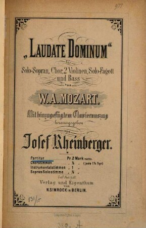 Laudate Dominum : für Solo-Sopran, Chor, 2 Violinen, Solo-Fagott u. Bass ; [KV 339]