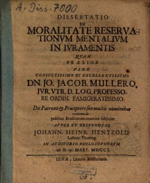 Dissertatio De Moralitate Reservationvm Mentalivm In Ivramentis