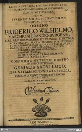 Serenissimus Celsissimae Domus Brandenburgicae Splendor, Ex Eminentissima Eiusdem Sublimitate ...