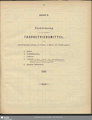 Abschnitt III. Nachweisung über die vorhandenen Transportmittel, deren Anschaffungskosten, Leistungen, sowie Verbrauch an Material und Unterhaltungskosten