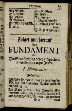 Folget nun hierauf das Fundament oder Die Grundlegung derer 5. Specien, in benahmten ganzen Zahlen.