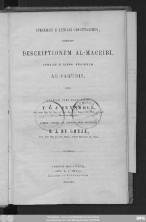 Specimen e literis Orientalibus exhibens descriptionem Al-Magribi, Sumtam e libro Regionum Al-Jaqubii