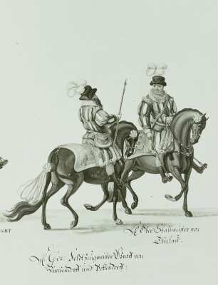 Ausschnitt: Graf Zinzendorff und Oberstallmeister von Thielau : Polen, Warschau, Kopfrennen, Pferd, Sattel- und Zaumzeug, Gouache