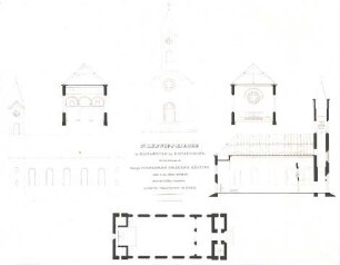 Gärtner, Friedrich von; Karlshuld im Donaumoos; St. Ludwigskirche - Aufriss, Grundriss, Ansicht, Schnitte