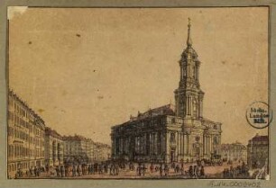 Ansicht der neuen Kreuzkirche in Dresden vom Altmarkt aus, Radierung um 1820 : Die Kreuzkirche in Dresden/ bei C. F. Sprinck. - [Dresden] , [ca. 1820]. - 1 Kunstblatt : kolorierte Radierung ; 12,2 x 8,0 cm