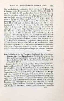 581-582 [Rezension] Backes, Ignaz, Die Christologie des hl. Thomas v. Aquin und die griechischen Kirchenväter