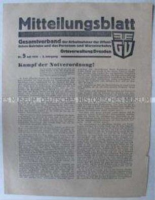 Mitteilungsblatt des Gesamtverband der Arbeitnehmer der öffentlichen Betriebe und des Personen- und Warenverkehrs, Ortsverwaltung Dresden, zum Kampf gegen die Notverordnungen