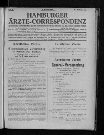 Aerztlicher Verein. General-Versammlung des Aerztlichen Vereins im Patriotischen Hause am Dienstag, den 26. März 1918 abends 8 Uhr.