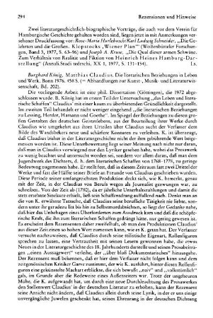 König, Burghard :: Matthias Claudius, die literarischen Beziehungen in Leben und Werk, (Abhandlungen zur Kunst-, Musik- und Literaturwissenschaft, 202) : Bonn, Bouvier, 1976