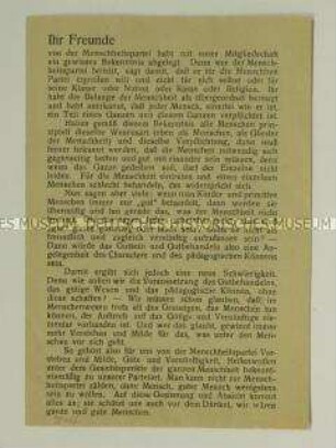 Programmatischer Handzettel der Menschheitspartei