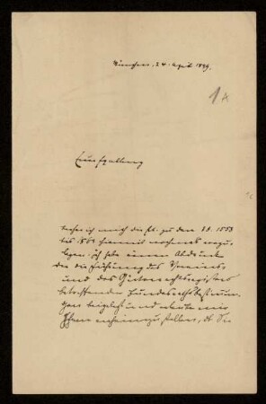 1 A: Brief von Karl von Unzer an Gottlieb Planck, München, 24.4.1899