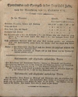 Sperrstunden und Sperrgeld in der Hauptstadt Fulda, nach der Verordnung vom 19. September 1778.