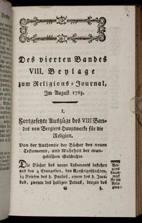 Des vierten Bandes VIII. Beylage zum Religions-Journal, Im August 1783