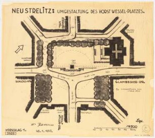 Umgestaltung des Horst-Wessel-Platzes, Neustrelitz: Lageplan 1:500, Vorschlag 1