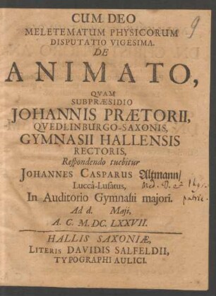 Meletematum Physicorum Disputatio Vigesima. De Animato