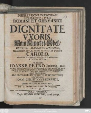Dissertatione Inavgvrali Differentias Ivris Romani Et Germanici In Dignitate Vxoris, Vom Kunckel-Adel