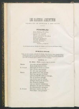 Los gauchos argentinos : Drama en un prólogo y dos actos