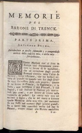 Articolo Primo. Introduzione a queste Memorie; e compendiose notizie della nascita mia, e della mia fanciullezza