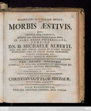 Dissertatio Inauguralis Medica, De Morbis Æstivis