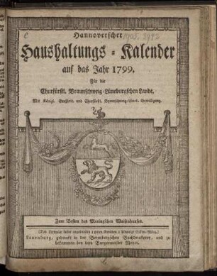1799: Hannoverscher Haushaltungs-Kalender auf das Jahr 1799