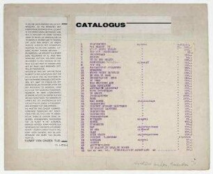 Catalogus. Ausschnitt eines Katalogtextes von Hannah Höch aus dem Katalog Galerie De Bron und eine Liste von Werken Hannah Höchs mit Preisangaben