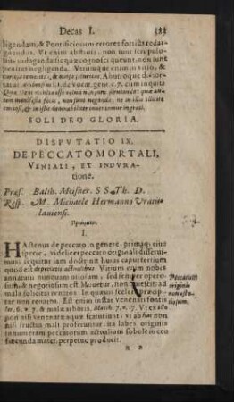 Disputatio IX. De Peccato Mortali, Veniali, Et Induratione