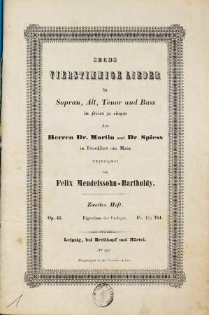 6 vierstimmige Lieder für Sopran, Alt, Tenor u. Bass : im Freien zu singen ; op. 48