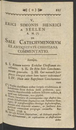 V. Erici Simonis Henrici A Seelen A. M. De Sale Catechumenorum Ex Antiquitate Christiana Commentatio