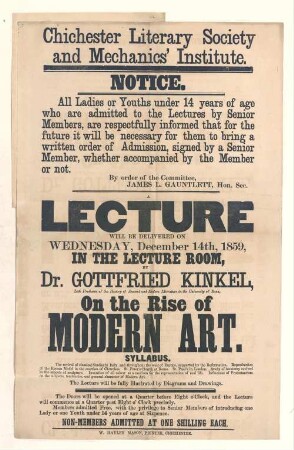 [Ankündigung eines Vortrags von Gottfried Kinkel "On the Rise of Modern Art" im "Lecture Room" der Chichester Literary Society and Mechanics ́Institute am 14.12.1859]