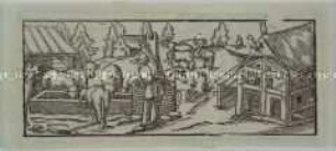 Buchillustration - Dorf mit dem Gemeindehirten am Brunnen, daneben Vieh an einer Tränke