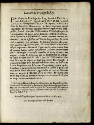 Extraict du Privilege du Roy.