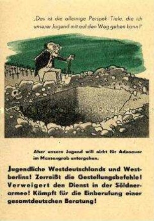 Klebezettel mit Karikatur und Aufruf gegen die Bundeswehr