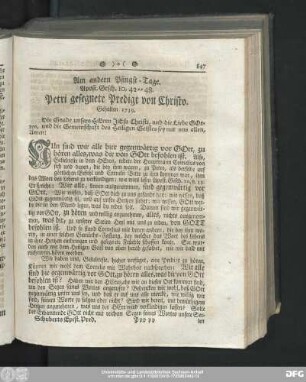Am andern Pfingst-Tage. Apost. Gesch. 10, 42-48. Petri gesegnete Predigt von Christo.