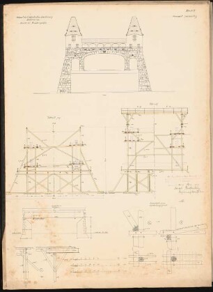 Umbau der Bahnhofsanlagen in A Schinkelwettbewerb 1907: Staatsstraßenüberführung: Brückenportal. Ansicht, Schnitte 1:100, Details 1:50, 1:20