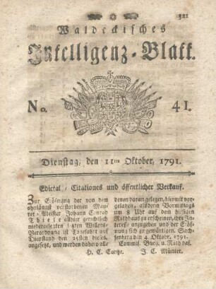 No. 41, Dienstag, den 11ten Oktober, 1791