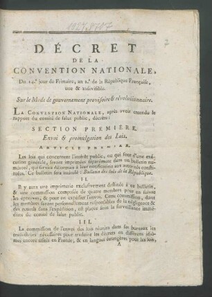 Section Première. Envoi & promulgation des Lois.