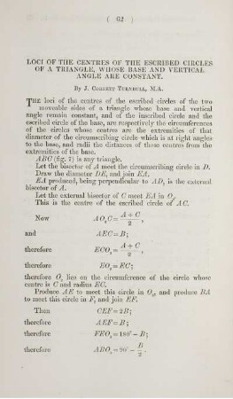 Loci of the centres of the escribed circles of a triangle, whose base and vertical angle are constant.