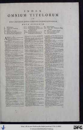 Index Omnium Titulorum In Hoc Universo Juris Corpore Comprehensorum.