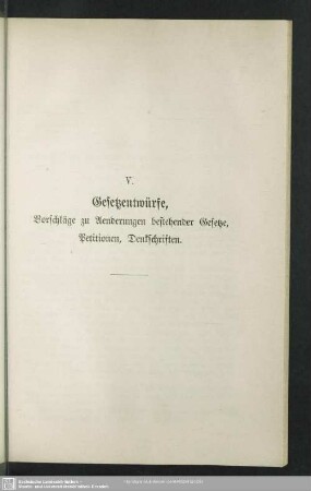 V. Gesetzentwürfe, Vorschläge zu Aenderungen bestehender Gesetze, Petitionen, Denkschriften
