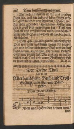 Der Dritte Theil hält in sich Allerhand Lehr- Buß- und Trost-Gesänge/ auch Bät- und Danck-Lieder.
