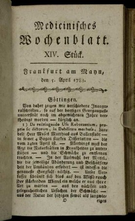 XIV. Stück. Frankfurt am Mayn, den 5. April 1783. - XVI. Stück. Frankfurt am Mayn, den 26. April 1783.