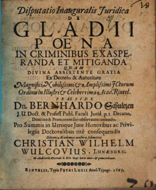 Disp. inaug. de gladii poena in criminibus exasperanda et mitiganda