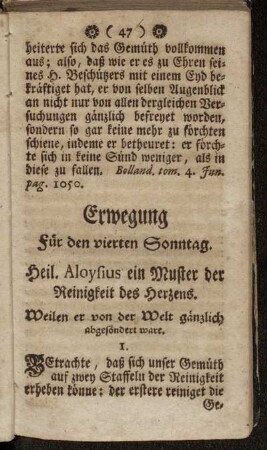 Erwegung für den vierten Sonntag. Heil. Aloysius ein Muster der Reinigkeit des Herzens.