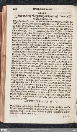 CLXXI [i.e. CLXXII]. Ihrer Römis. Kayserlichen Majestät Caroli VII Wahl-Capitulation